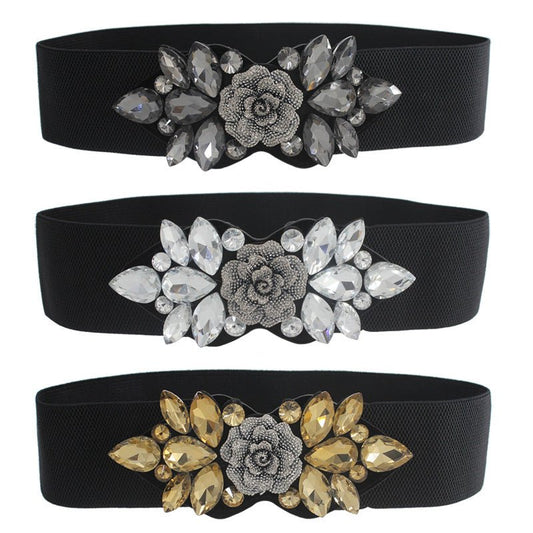 Rose Rhinestone Inlaid Buckle Adjustable Belt for Women