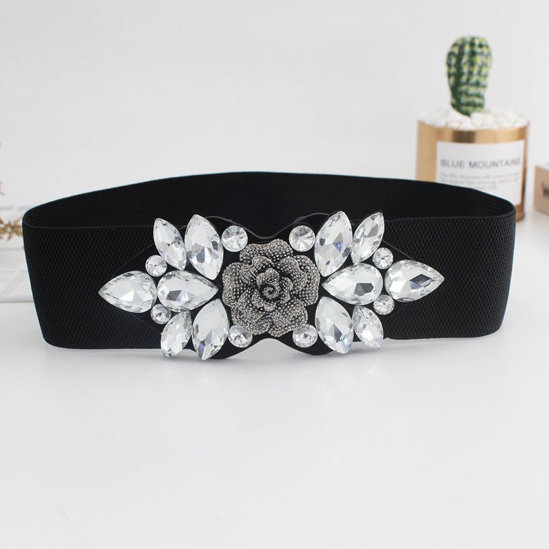 Rose Rhinestone Inlaid Buckle Adjustable Belt for Women