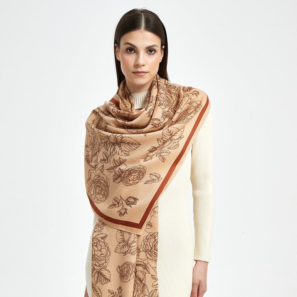 Women's Beige Floral Design Luxury Viscose Scarf