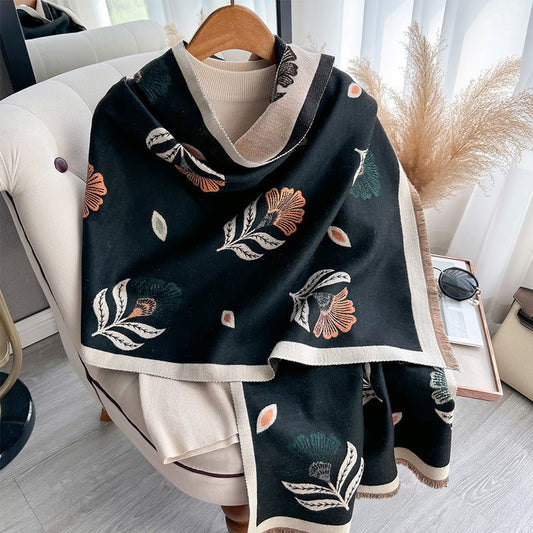 Elegant Black Luxurious Floral Design Women's Winter Shawl