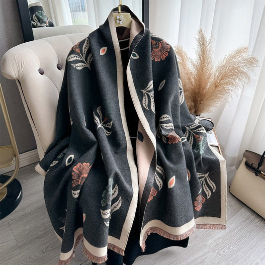 Elegant Black Luxurious Floral Design Women's Winter Shawl