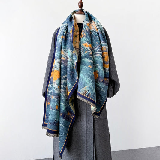 Oil Painted Starry Night Design Elegant Winter Shawl Scarf