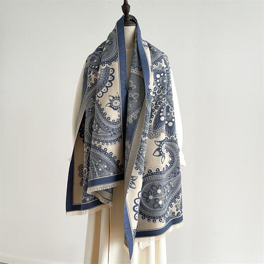 Elegant Blue Traditional Floral Design Women's Winter Scarf