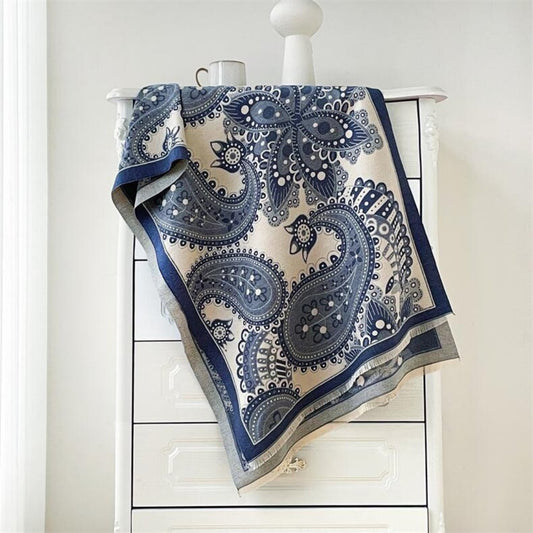 Elegant Blue Traditional Floral Design Women's Winter Scarf