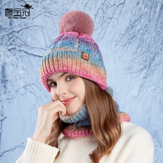 Two-piece Set Thick Fleece and Gradient Color knitted Beanie Scarf