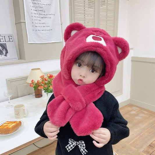 Children's Strawberry Bear Thick Plush Big Winter Hat and Scarf Set