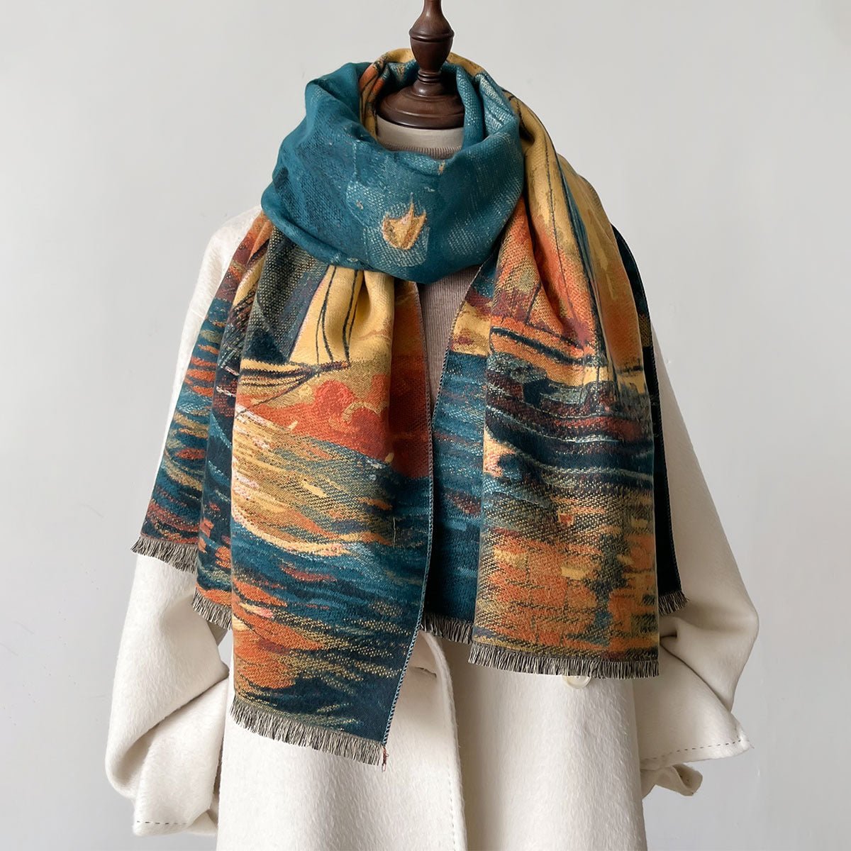 Pure Luxury Sailboat Oil Painting Colorful Women's Winter Shawl