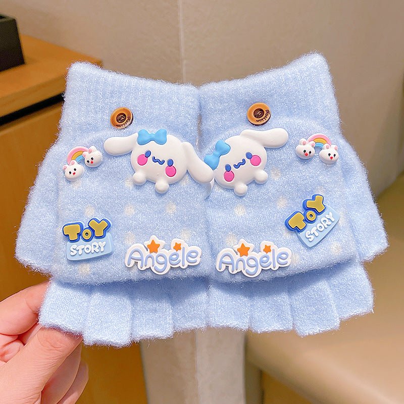 Flap Style Cute Cartoon Half Finger Warm Hand Gloves For Children