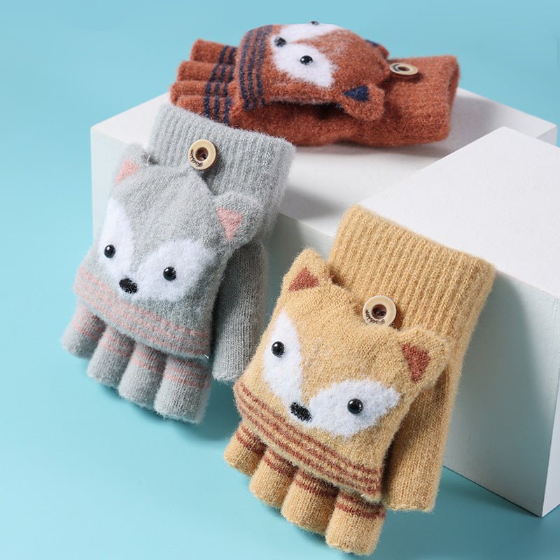 Fox Eyes Half Finger Knitted Warm Plus Fleece Hand Gloves