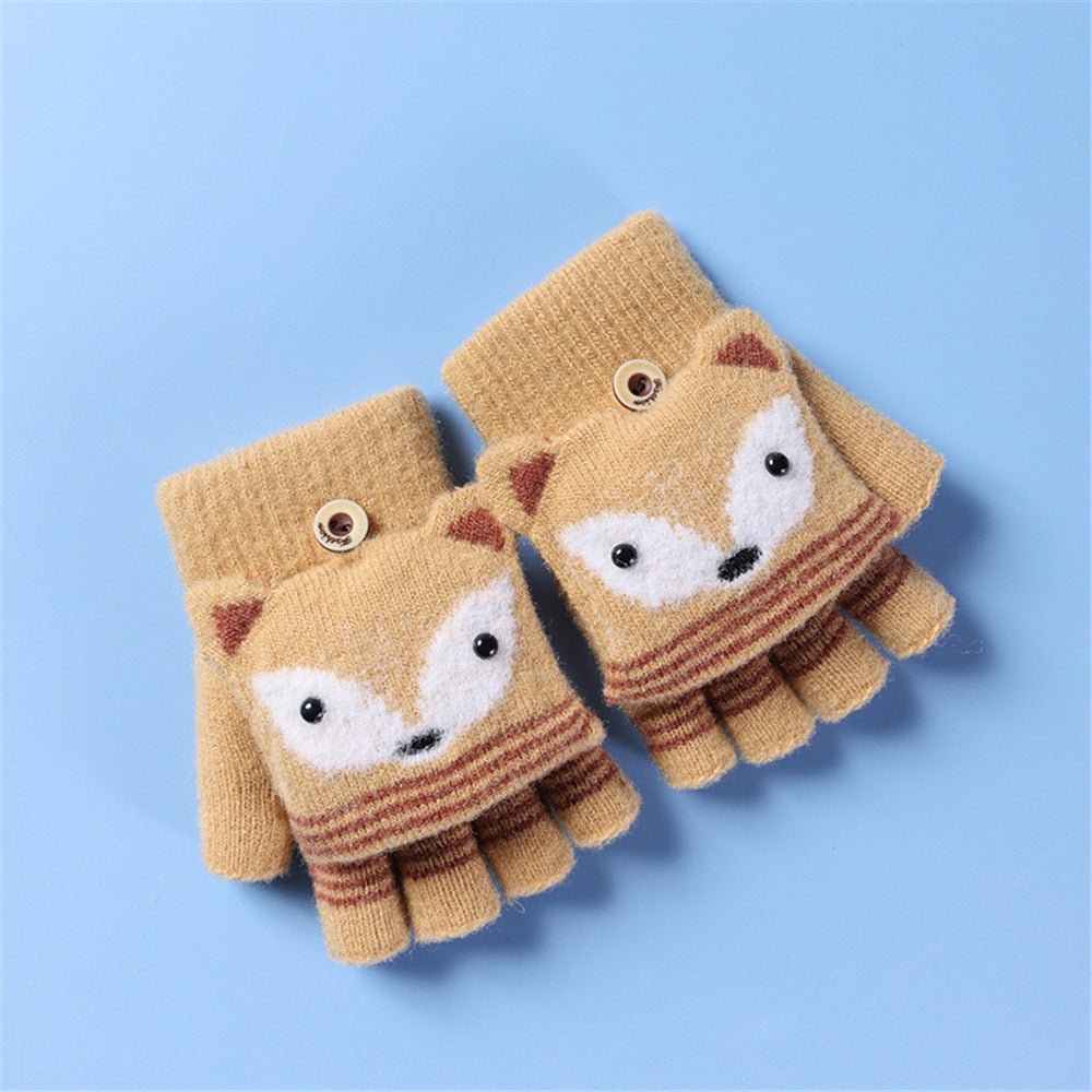 Fox Eyes Half Finger Knitted Warm Plus Fleece Hand Gloves