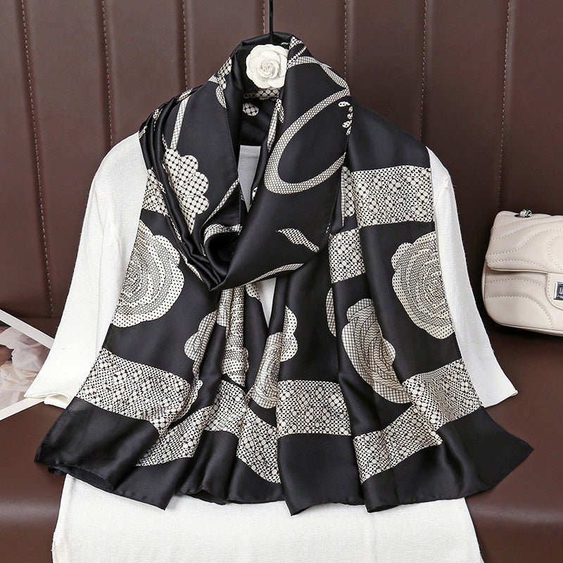 Black & White Floral Design High Quality Women's Silk Scarf