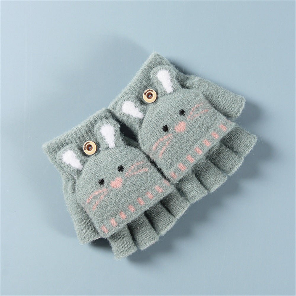 Cat Face High Quality Half Finger Knitted Warm Fleece Hand Gloves