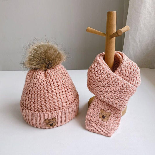 Kid's Knitted, fleece Winter Cap and Muffler Set