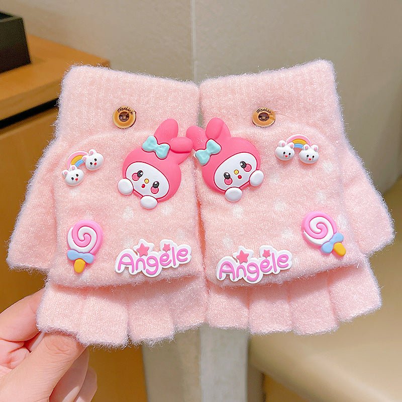 Flap Style Cute Cartoon Half Finger Warm Hand Gloves For Children