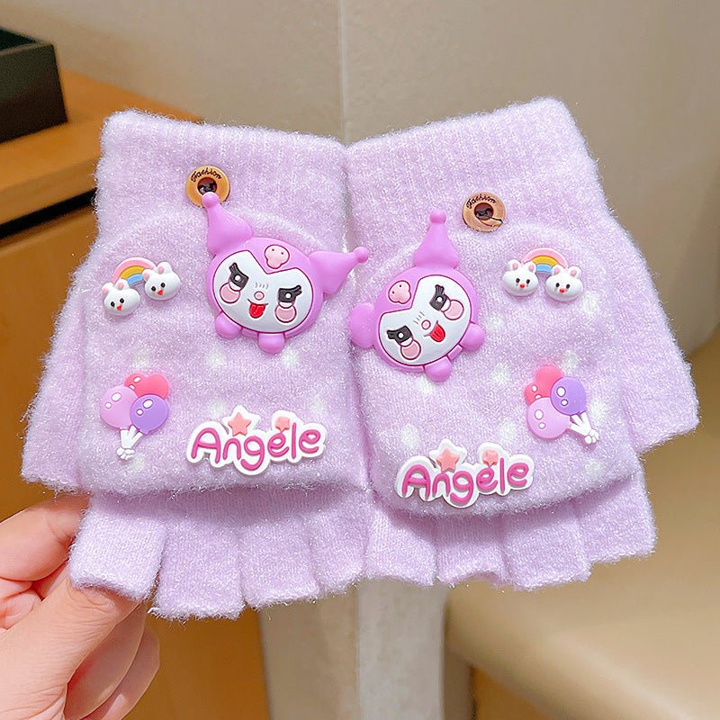 Flap Style Cute Cartoon Half Finger Warm Hand Gloves For Children