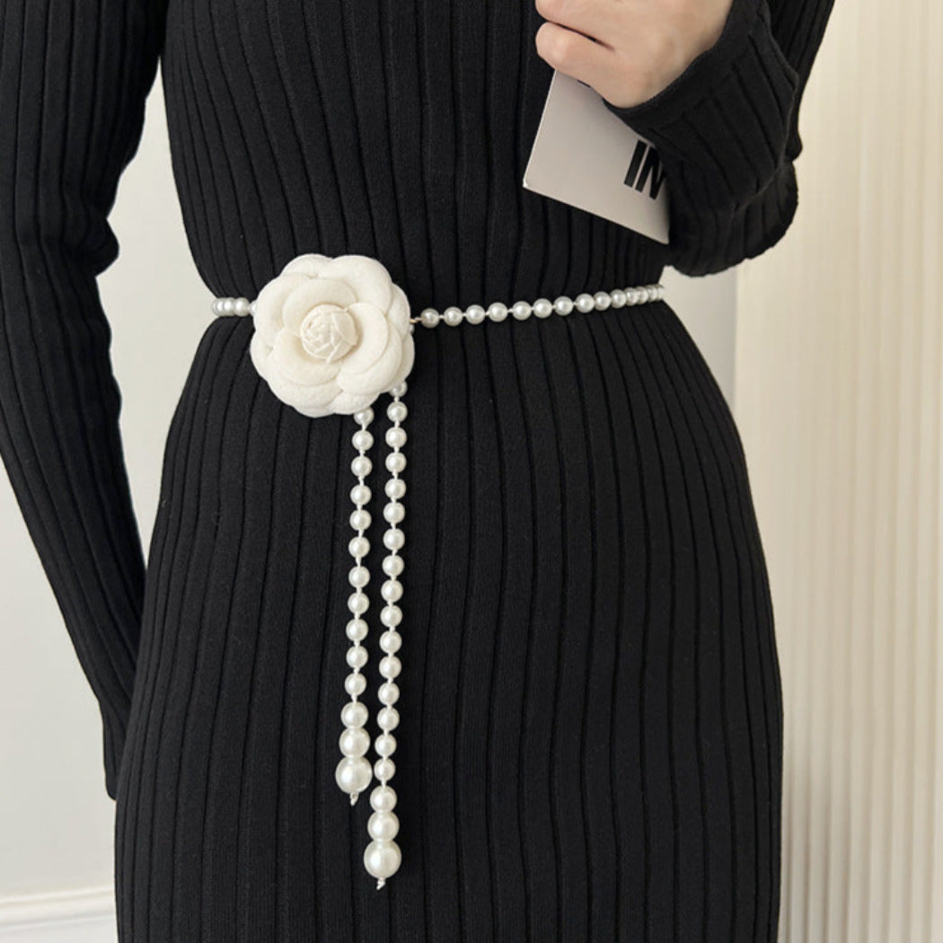 Camellia Flower Pearl Chain Waist Belt for Women