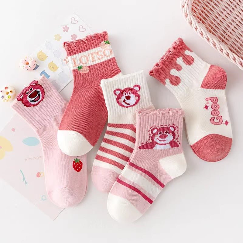 Pink Strawberry Bear Design Cotton Winter Socks For Children