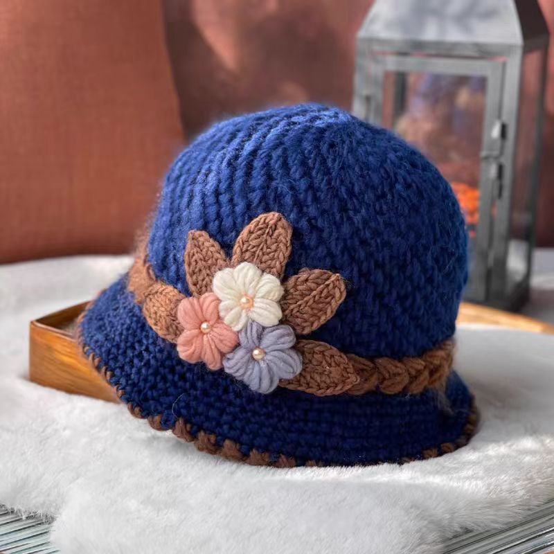 Knitted Female Three-Dimensional Flower Plush Winter Hats