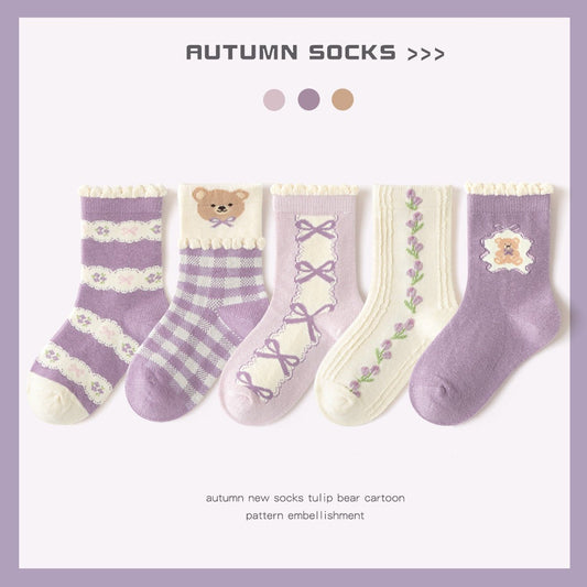 5 Pieces Set All Seasons Regular Comfy Cute Tulip Bear Socks for kids