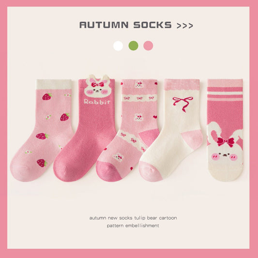 All Seasons Strawberry Colour Cute Designs 5Pcs Set Cotton Comfortable Socks for Kids