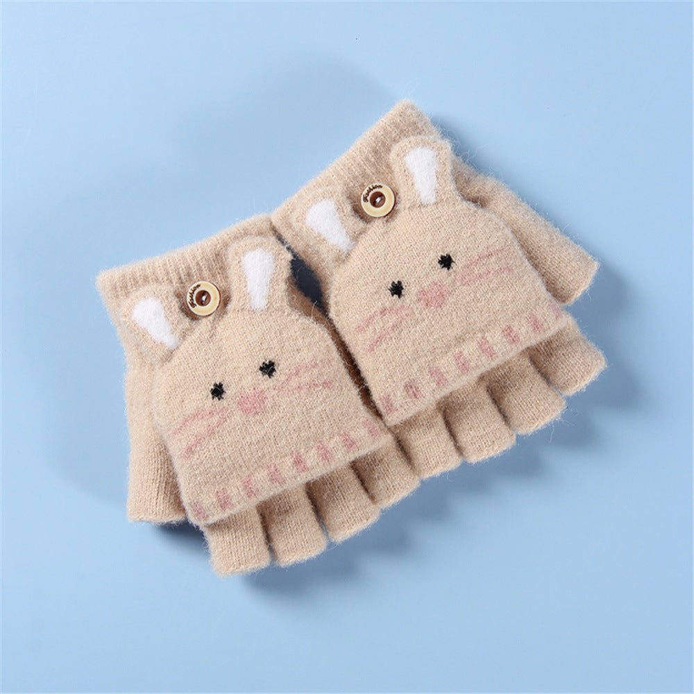 Cat Face High Quality Half Finger Knitted Warm Fleece Hand Gloves