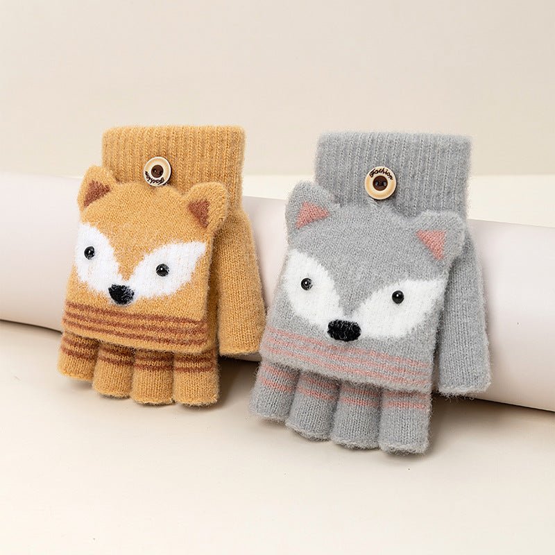 Fox Eyes Half Finger Knitted Warm Plus Fleece Hand Gloves