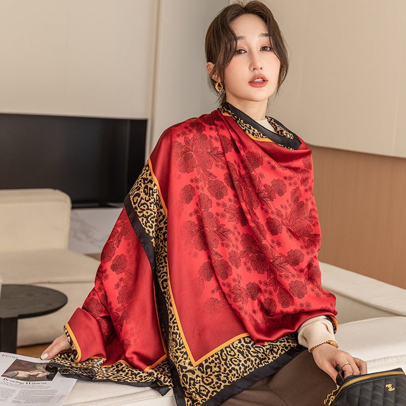 Retro Design Leopard Print Luxury Royal Red Long Satin Silk Scarf For Women