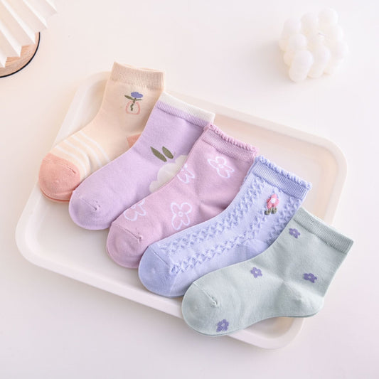 5 Piece Set Colorful Floral Design Cotton Socks for Girls