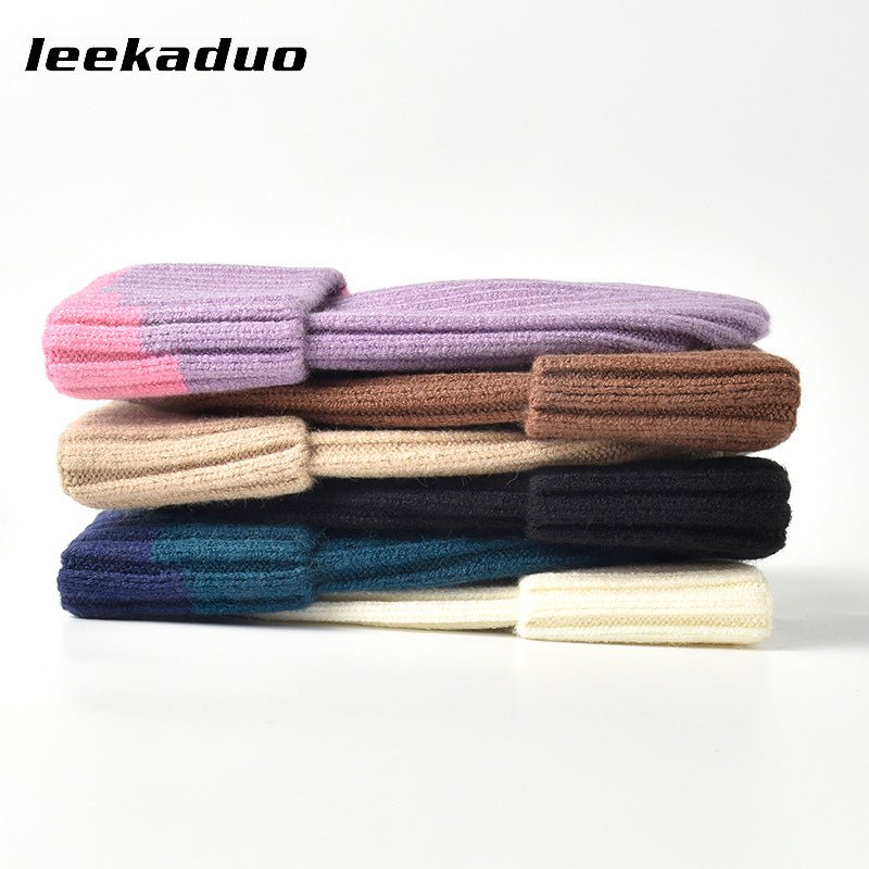 Color-blocked woolen hat winter rolled ear cap