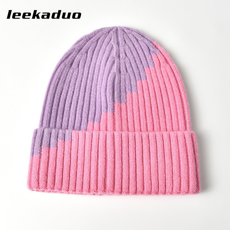 Color-blocked woolen hat winter rolled ear cap