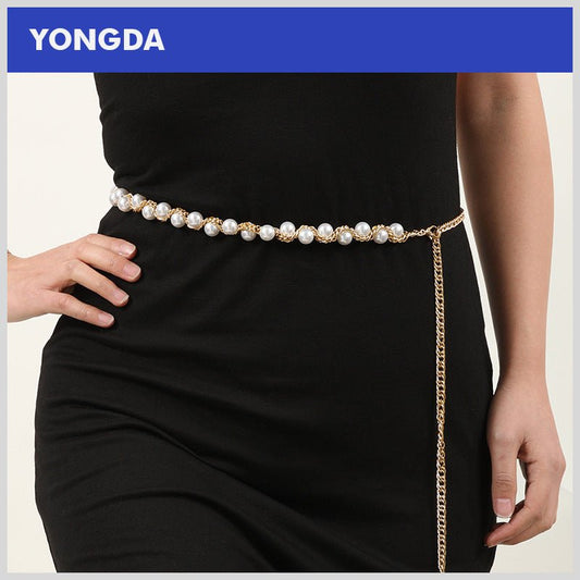 Exotic Pearl Inlaid Chain Style Adjustable Waist Belt for Women