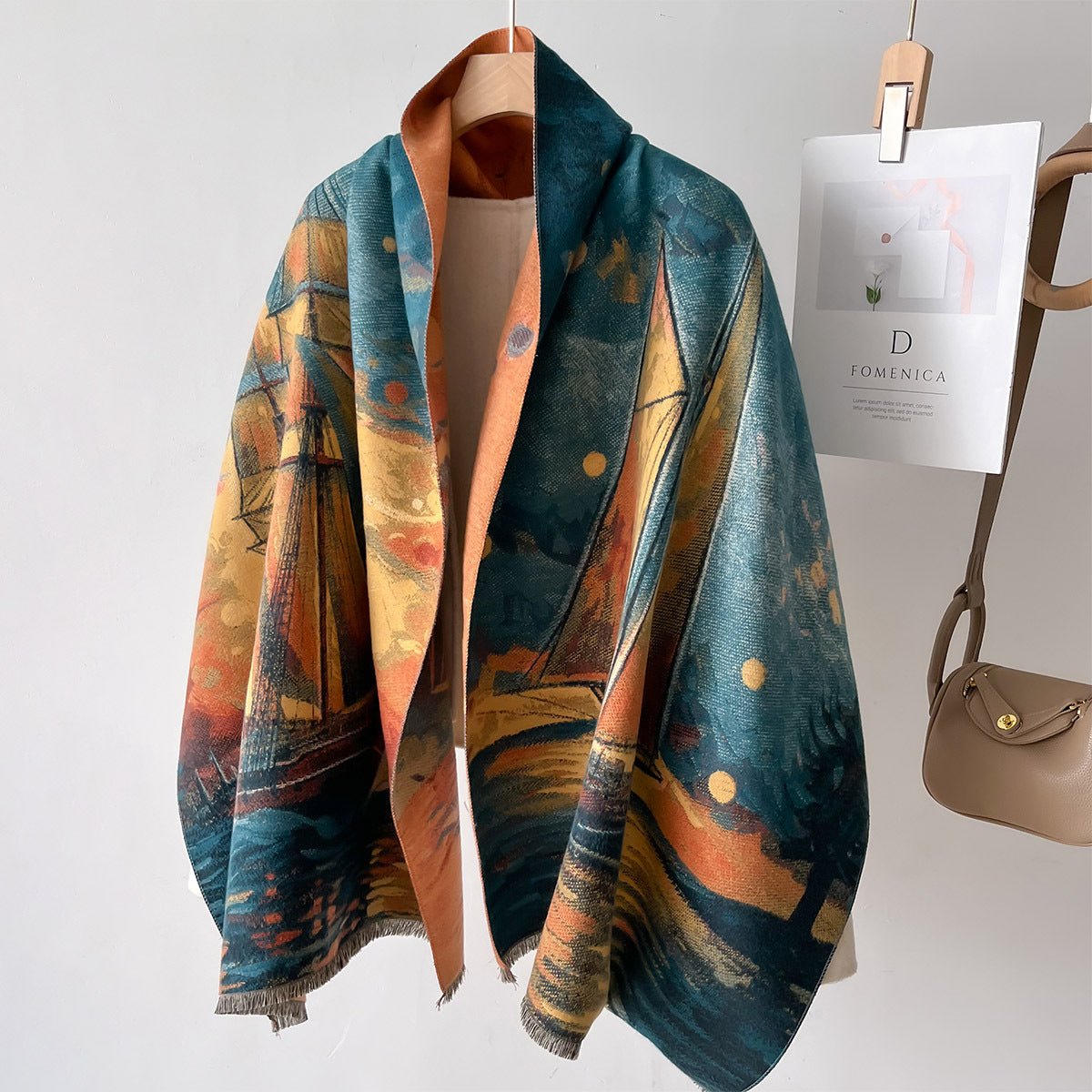 Pure Luxury Sailboat Oil Painting Colorful Women's Winter Shawl