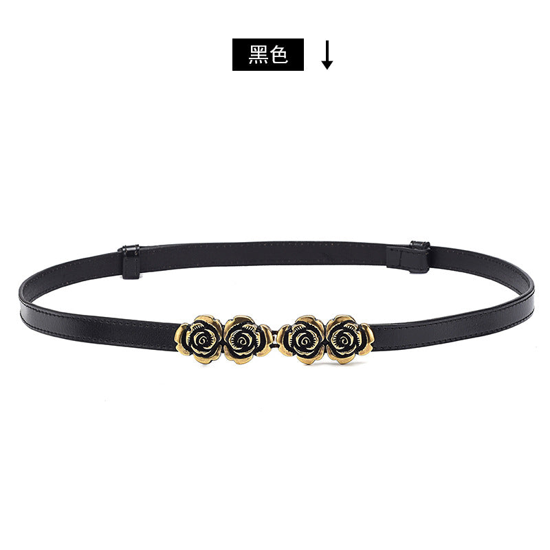 Slim and No Perforated Waist Belt for Women with Charming Rose Buckle