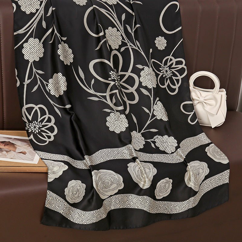 Black & White Floral Design High Quality Women's Silk Scarf