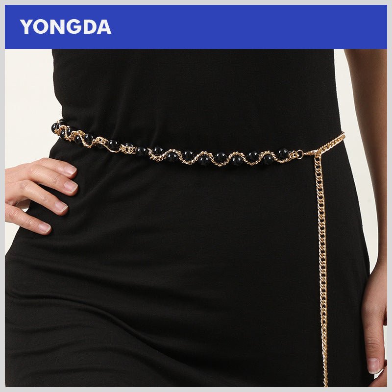 Exotic Pearl Inlaid Chain Style Adjustable Waist Belt for Women