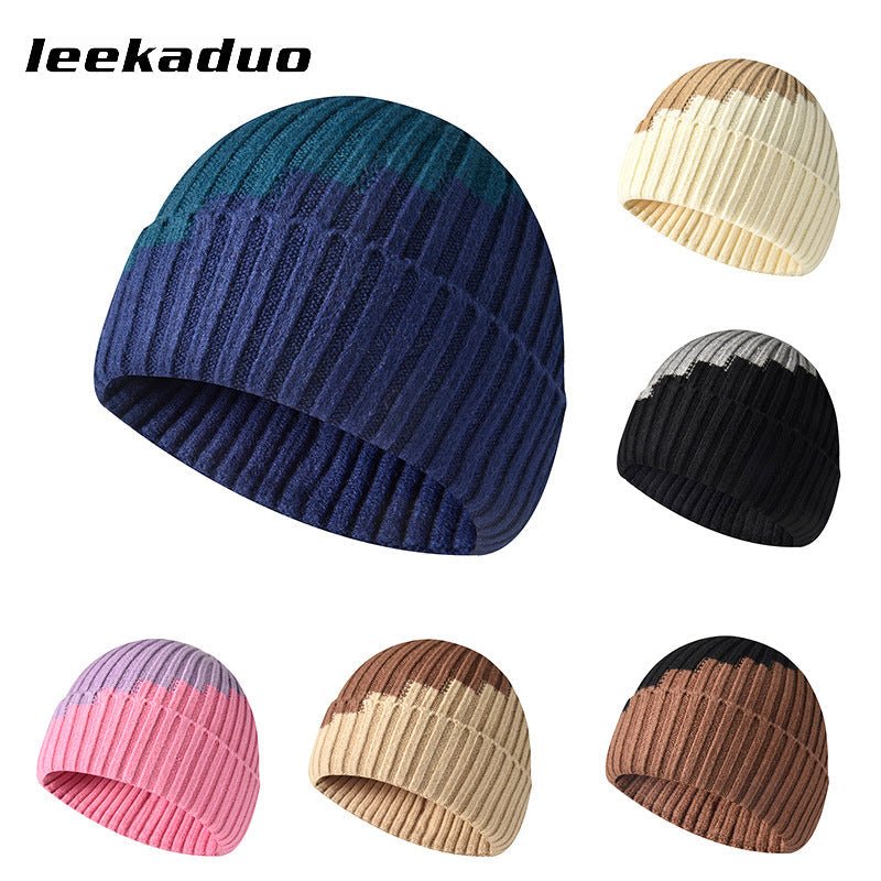 Color-blocked woolen hat winter rolled ear cap