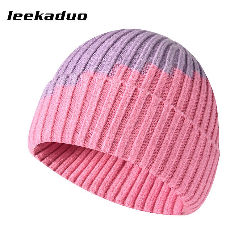 Color-blocked woolen hat winter rolled ear cap