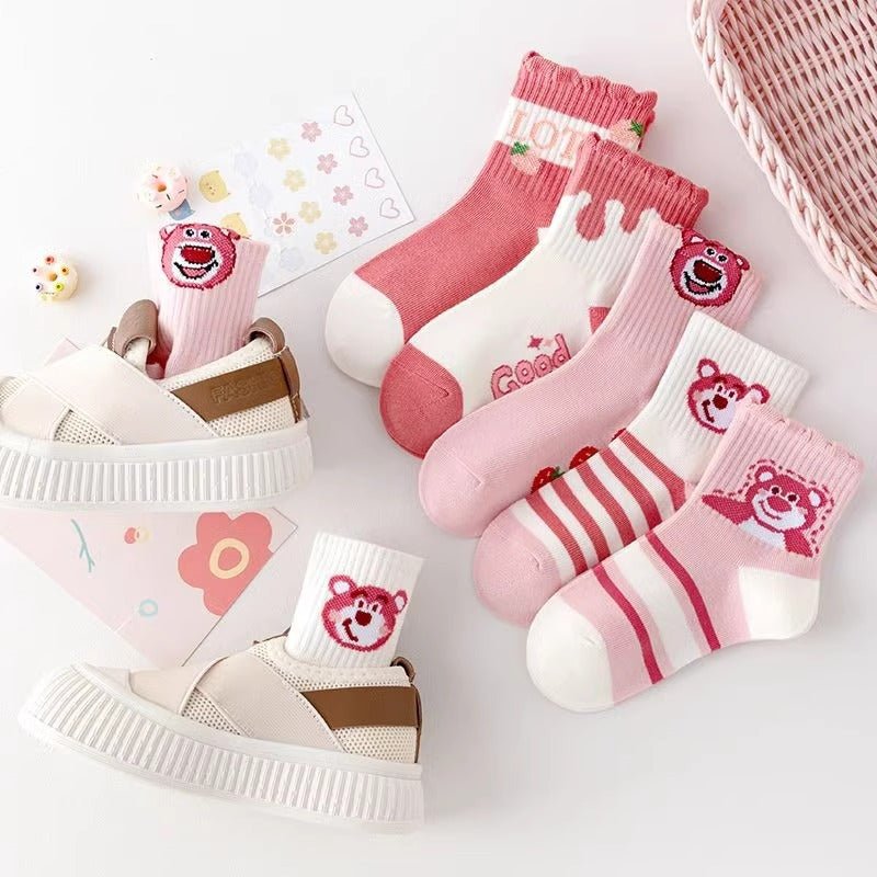 Pink Strawberry Bear Design Cotton Winter Socks For Children