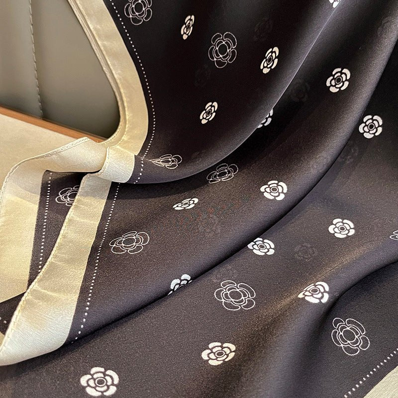 Premium Finish Black Floral Design Luxury Satin Silk Scarf