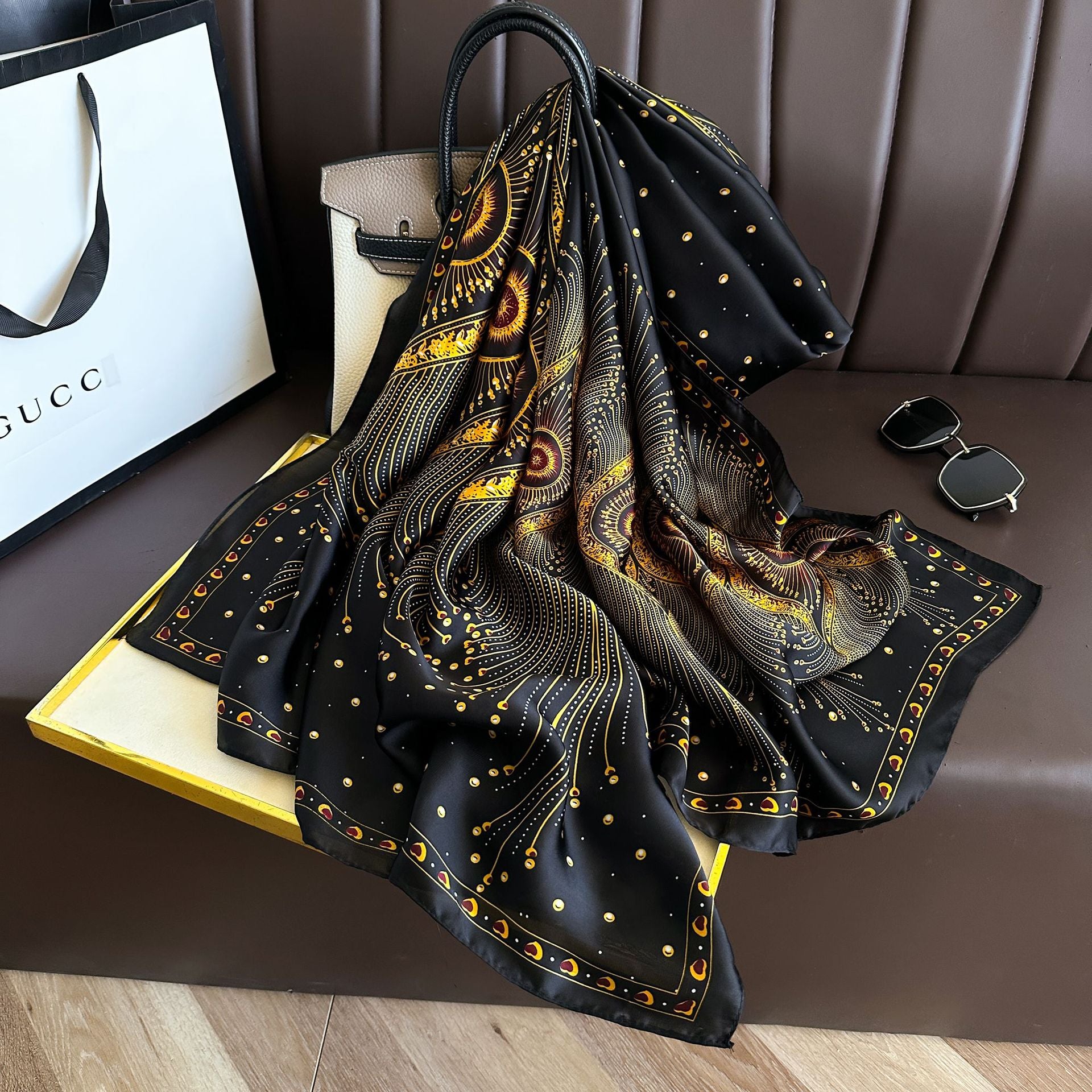 Midnight Peacock Design Luxury Satin Silk Scarf