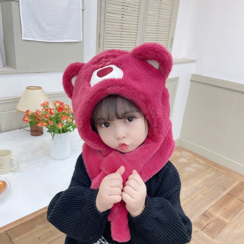 Children's Strawberry Bear Thick Plush Big Winter Hat and Scarf Set