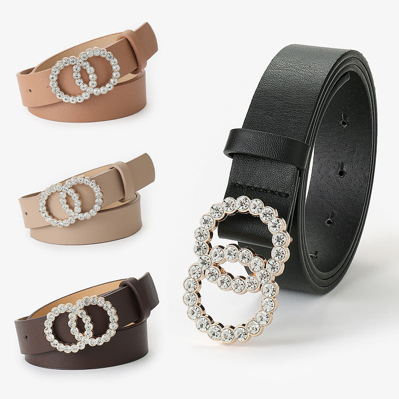 European Style Double Circle Rhinestone Inlaid Sparkling Waist Belt for Women