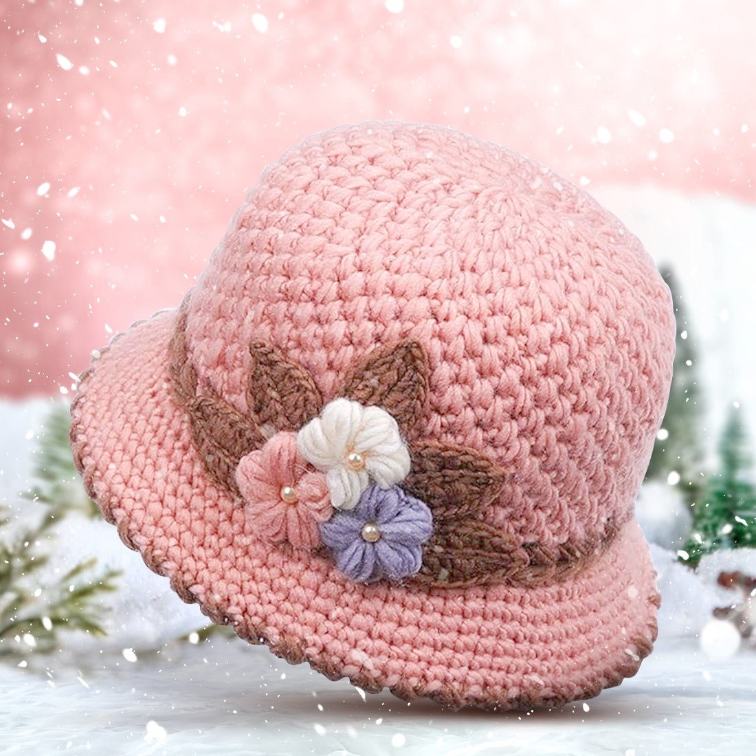 Knitted Female Three-Dimensional Flower Plush Winter Hats