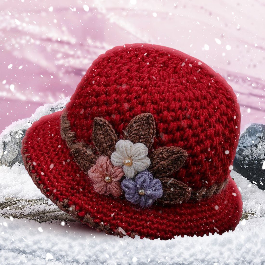 Knitted Female Three-Dimensional Flower Plush Winter Hats