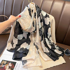 Milky White Black Floral Design Satin Silk Scarves