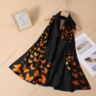 Spring and Summer, Butterfly Printed Black Satin Silk Scarf