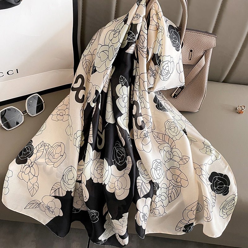 Milky White Black Floral Design Satin Silk Scarves