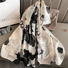 Milky White Black Floral Design Satin Silk Scarves