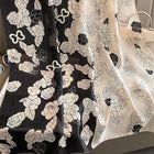 Milky White Black Floral Design Satin Silk Scarves