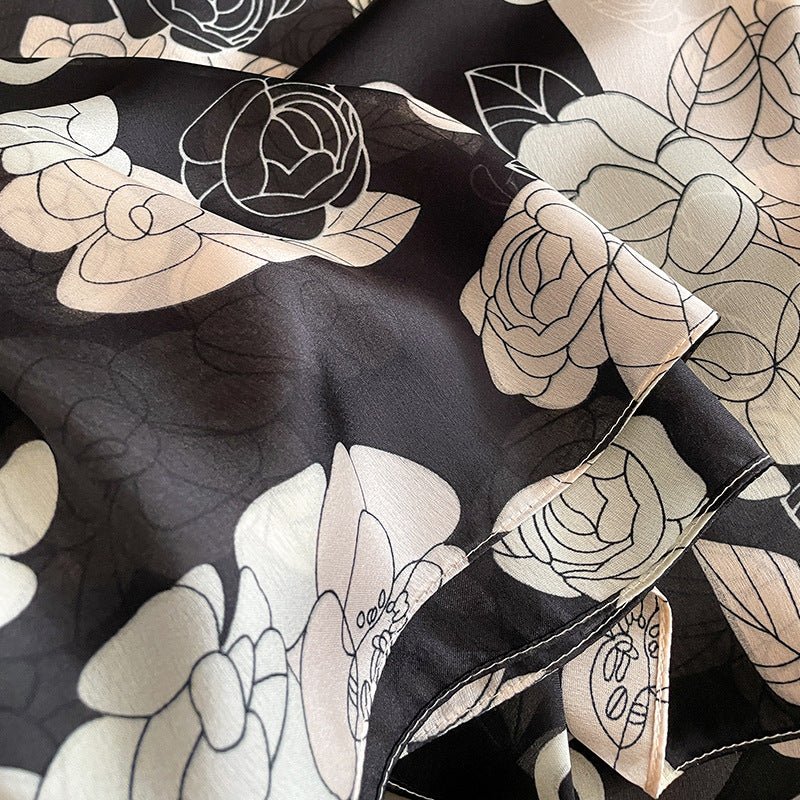 Milky White Black Floral Design Satin Silk Scarves